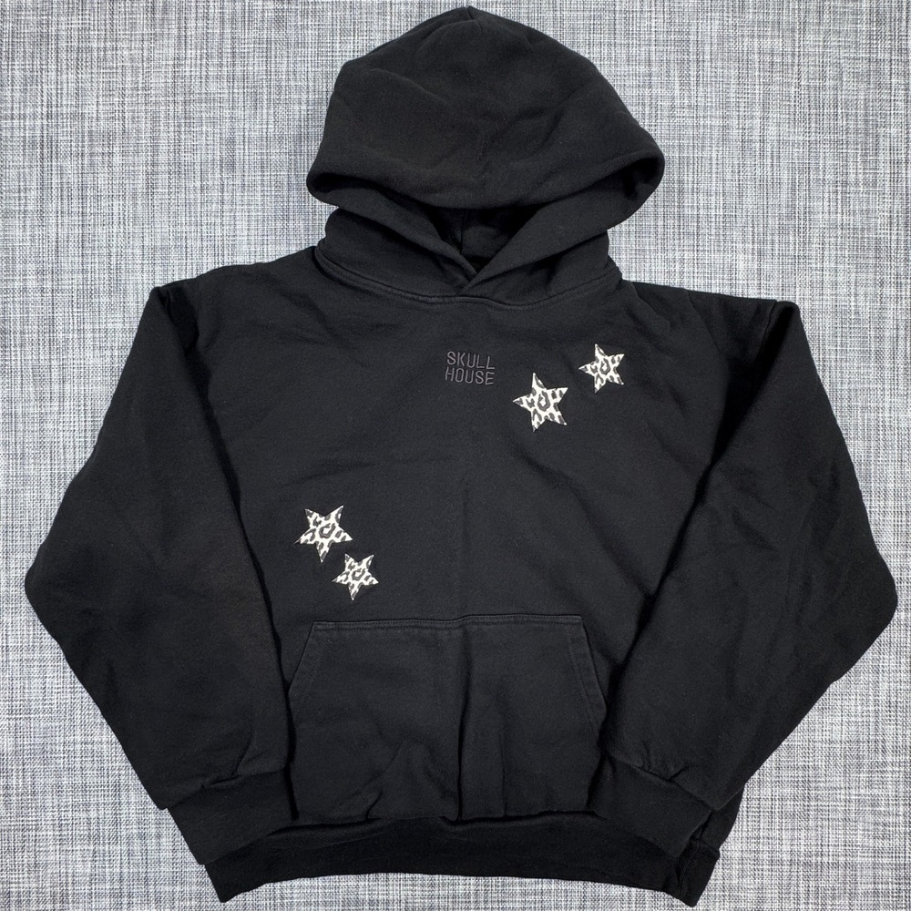 Skull House Womens Hoodie Black Leopard Star Patch Pullover Sweatshirt L/XL